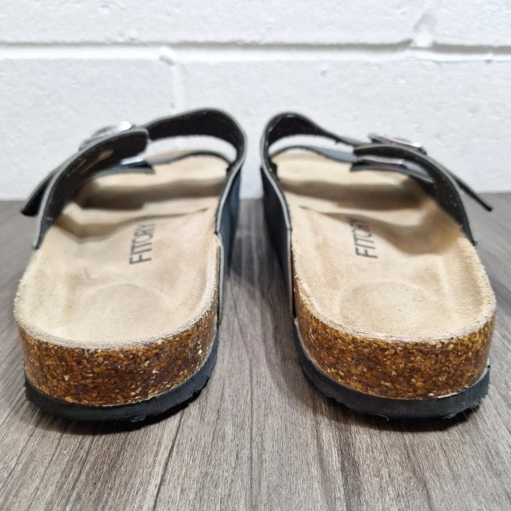 Fitory Mens Black Cork Slide Sandals Double Buckle Leather Insole Size 12 Insole